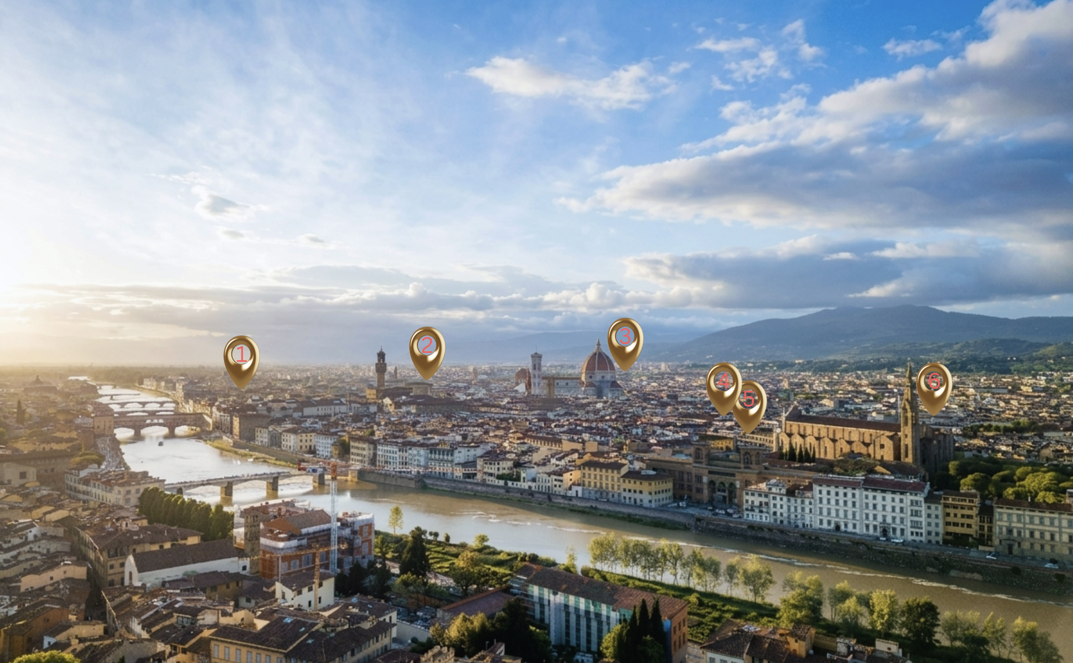 Illustrated map of Florence showing all six ARKA apartments by neighbourhood