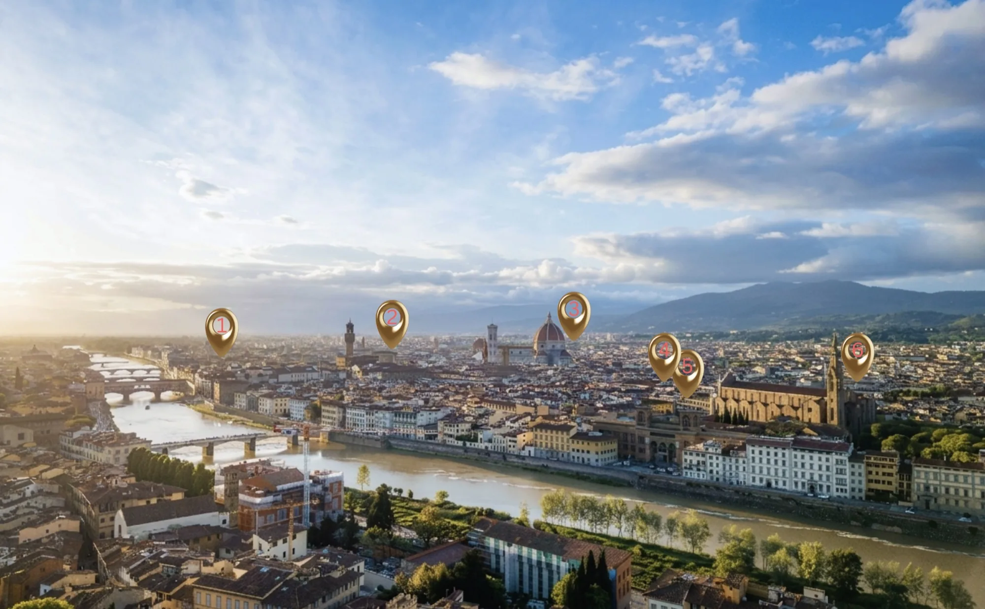 Illustrated map of Florence showing all six ARKA apartments by neighbourhood